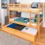 Stockbett + Bettkasten für Jugendliche 90 x 200 cm | Massivholz: Buche | Natur Lackiert | umbaubar in 2 Einzelbetten | inkl. Bettkasten | inkl. Rollroste Abbildung