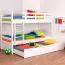 Etagenbett / Doppelstockbett + Bettkasten für Jugendliche 90 x 200 cm | Massivholz: Buche | Weiß Lackiert | inkl. Bettkasten | umbaubar in 2 Einzelbetten | inkl. Rollroste Abbildung