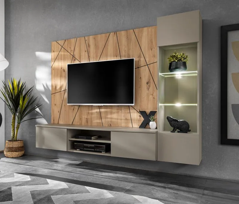 Wohnwand | Farbe: Clay Grau / Eiche Artisan | Push-to-open Funktion | 200 x 35 x 148 cm | inkl. LED-Beleuchtung | 1 Vitrine | 1 TV-Unterschrank | 1 Rückwandpaneel