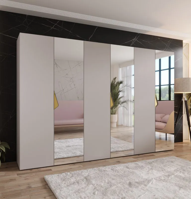Kleiderschrank | 3 Spiegeltüren | 3 Fächer | Farbe: Kaschmir | 3 Kleiderstangen | Griffe: Gold | Maße: 300 x 52 x 202 cm | Soft-Close-Funktion