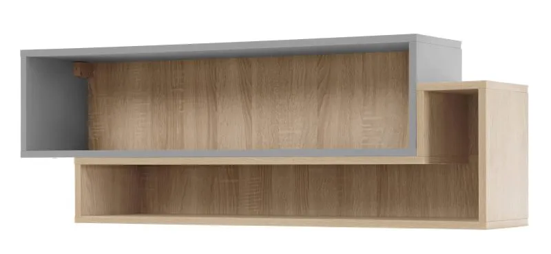 Wandregal in Eiche / Grau, Hängeregal für Jugendzimmer, 40 x 115 x 25 cm, ABS-Kanten, mit 2 großen offenen Fächern, stabil und langlebig