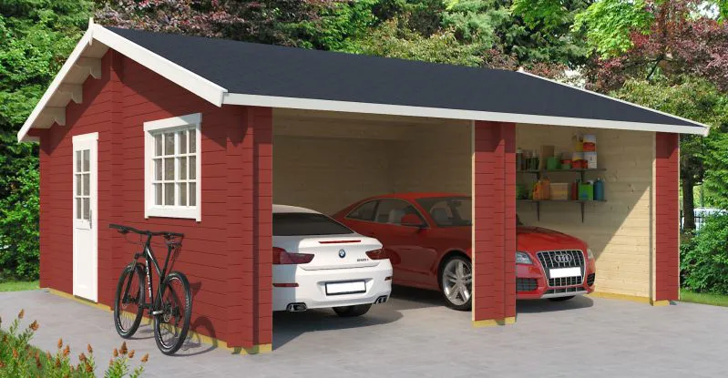 Holzgarage H91 Schwedenrot - 44 mm Blockbohlenhaus, Grundfläche: 33,00 m², Satteldach
