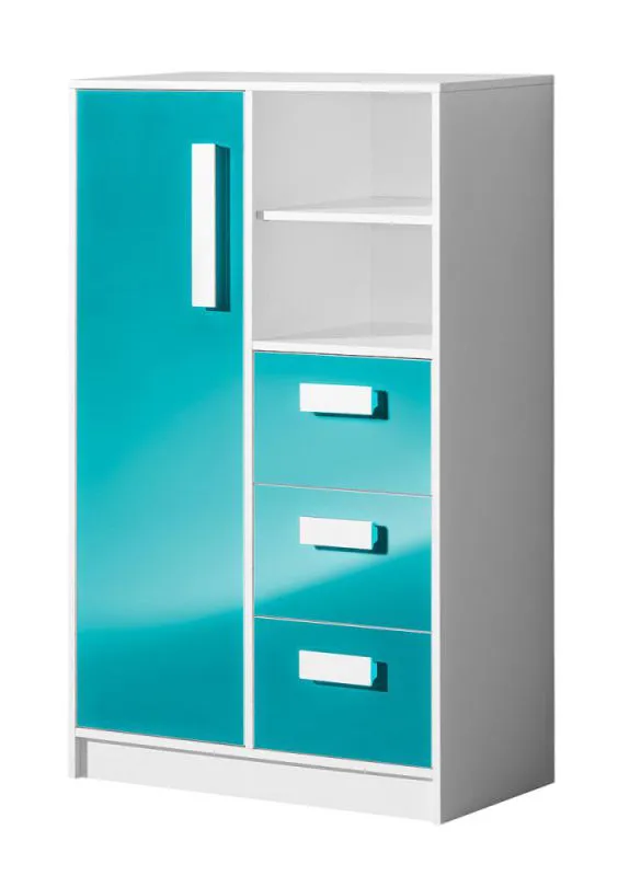 Kinderzimmer - Kommode Walter 05, Farbe: Weiß / Blau Hochglanz - 133 x 80 x 40 cm (H x B x T)