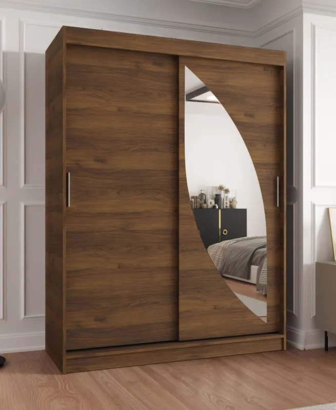 Kleiderschrank / Schiebetürenschrank | Farbe: Walnuss | Aluminiumschienen | fünf Fächer | 1,5 Meter breit | eine Spiegeltür | zwei Kleiderstangen