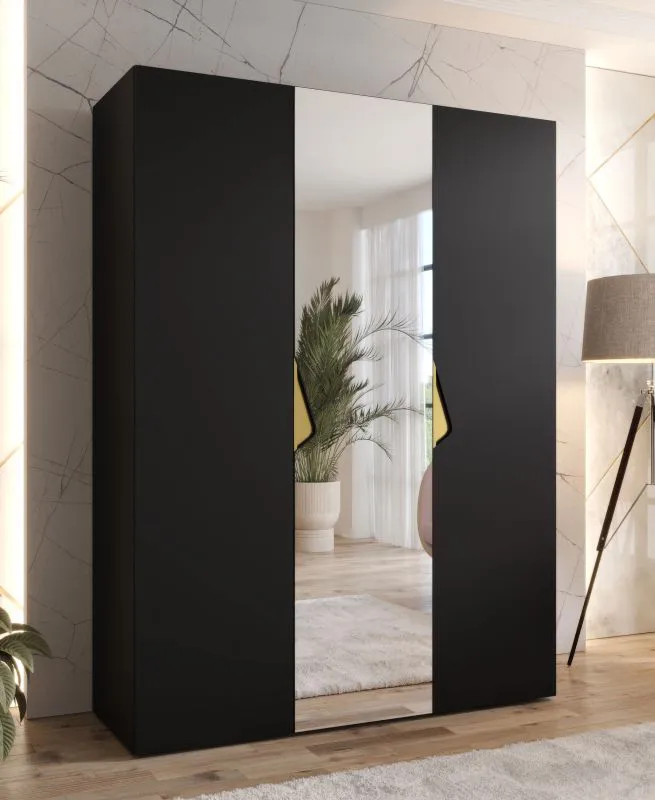 Drehtürenschrank / Kleiderschrank | 1 Spiegeltür | Farbe: Schwarz | 2 Fächer | Griffe: Gold | 2 Kleiderstangen | Soft-Close | Maße: 150 x 52 x 202 cm