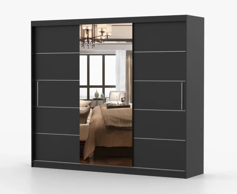 2,5 Meter breiter Kleiderschrank / Schiebetürenschrank mit Spiegel Schwarz | Cevennen 15 | 218 x 250 x 61 cm | 3 Türen | 12 Fächer | Einfarbig