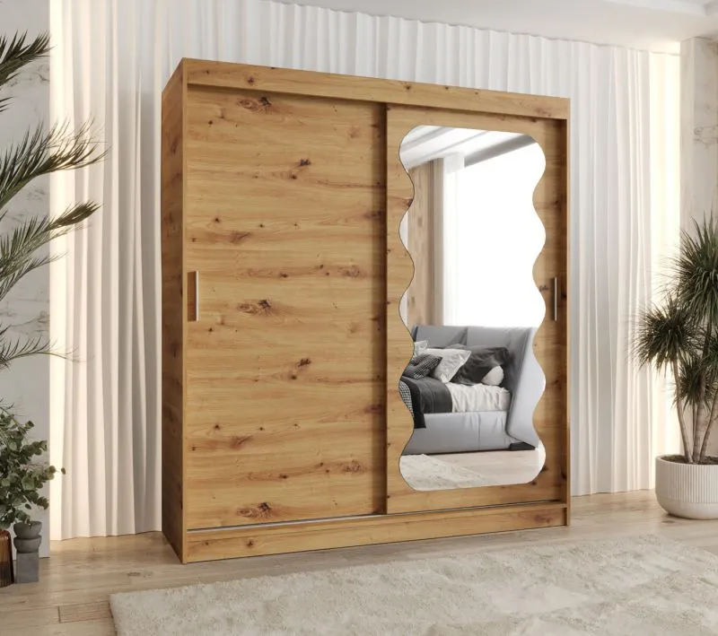 Schiebetürenschrank mit einen Spiegel Bernina 13, Farbe: Eiche Artisan, 1,8 Meter breit, 10 Fächer, zwei Kleiderstangen, Kleiderschrank, Aluminiumschienen