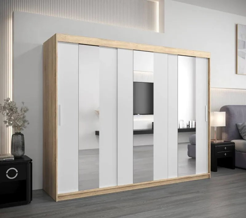 250 cm breiter Kleiderschrank mit 3 Türen | 10 Fächer | Farbe: Sonoma Eiche / Weiß Abbildung