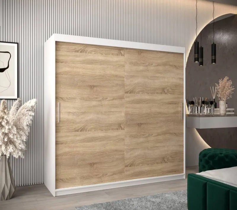 200 cm breiter Kleiderschrank mit 10 Fächern und 2 Türen | Farbe: Sonoma Eiche / Weiß Abbildung