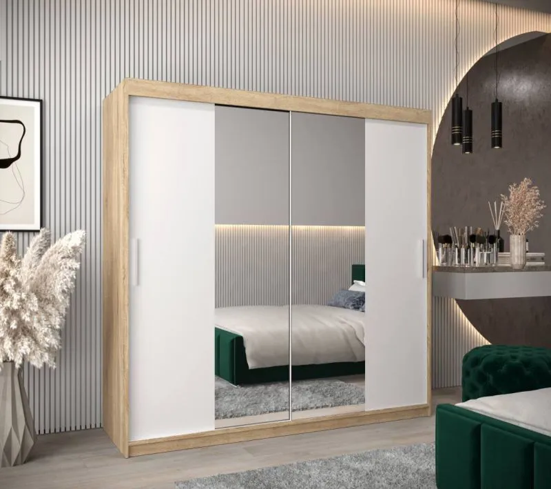 200 cm breiter Kleiderschrank mit 10 Fächern und 2 Türen | Farbe: Sonoma Eiche / Weiß Abbildung