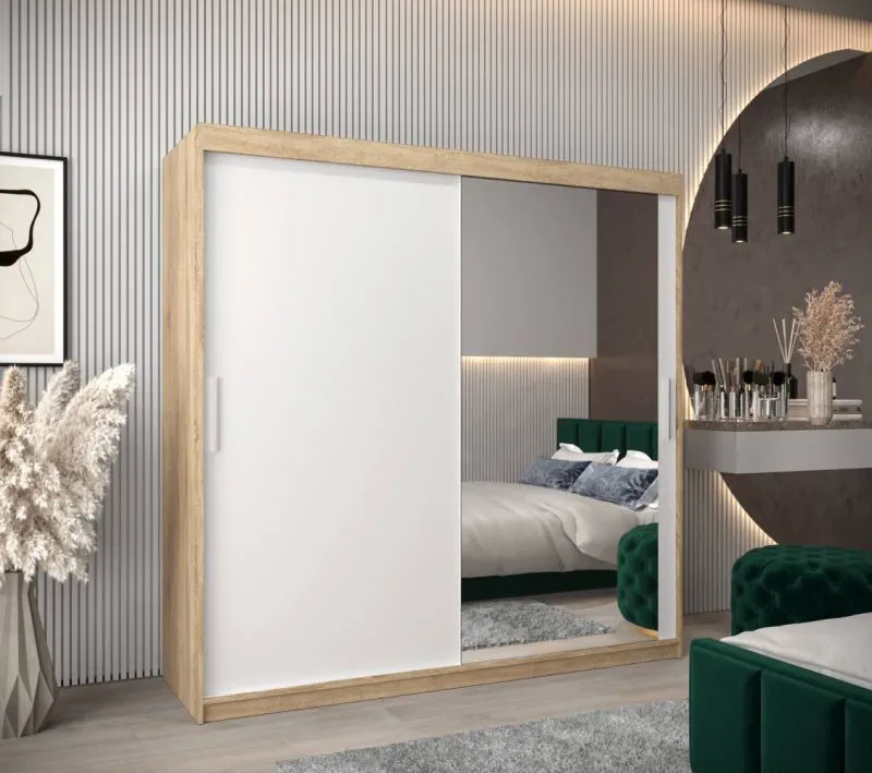 200 cm breiter Kleiderschrank mit 10 Fächern und 2 Türen | Farbe: Sonoma Eiche / Weiß Abbildung