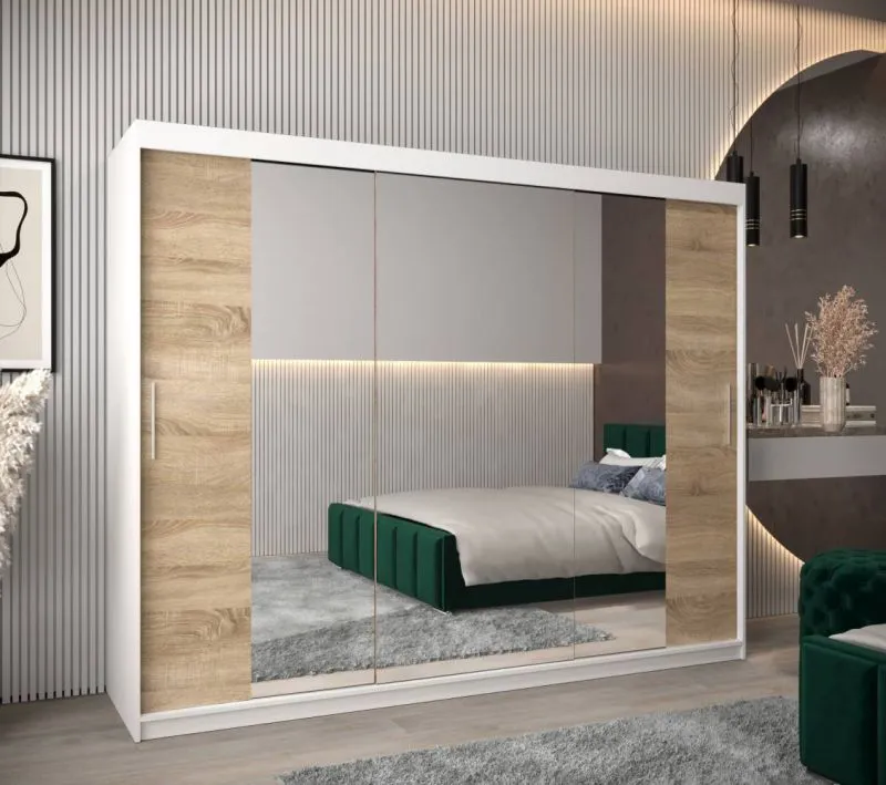 250 cm breiter Kleiderschrank mit 10 Fächern und 3 Türen | Farbe: Sonoma Eiche / Weiß Abbildung