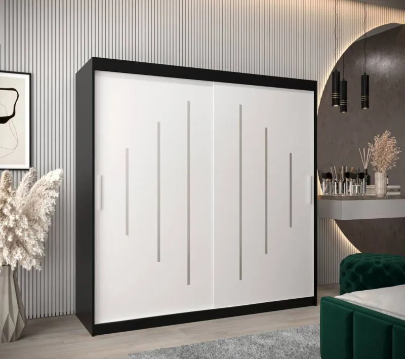 200 cm breiter Kleiderschrank mit 2 Türen | 10 Fächer | Farbe: Weiß / Schwarz Abbildung