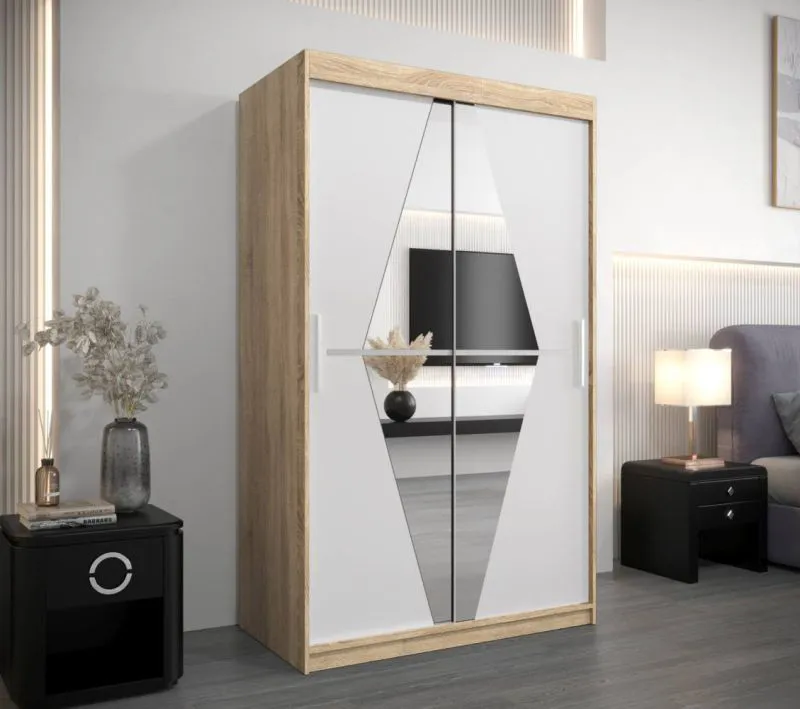 120 cm breiter Kleiderschrank mit 2 Türen | 5 Fächer | Farbe: Sonoma Eiche / Weiß Abbildung