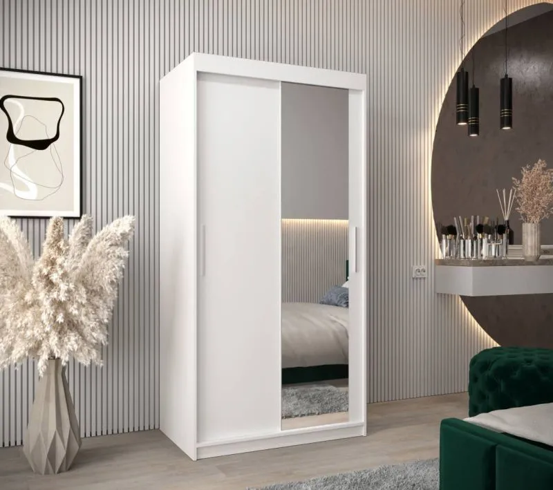 100 cm breiter Kleiderschrank mit 5 Fächern und 2 Türen | Farbe: Weiß Abbildung
