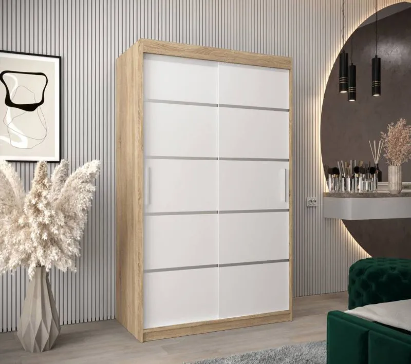 120 cm breiter Kleiderschrank mit 5 Fächern und 2 Türen | Farbe: Sonoma Eiche / Weiß Abbildung