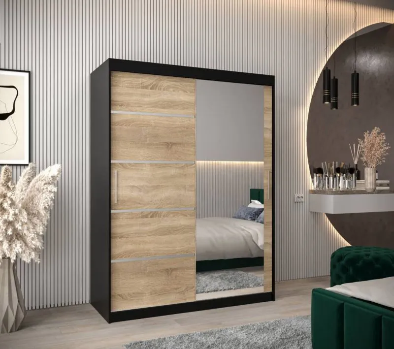 150 cm breiter Kleiderschrank mit 5 Fächern und 2 Türen | Farbe: Schwarz Abbildung