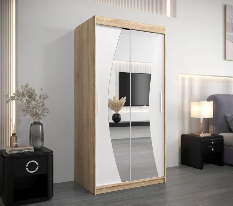100 cm breiter Kleiderschrank mit 2 Türen | 5 Fächer | Farbe: Sonoma Eiche / Weiß Abbildung
