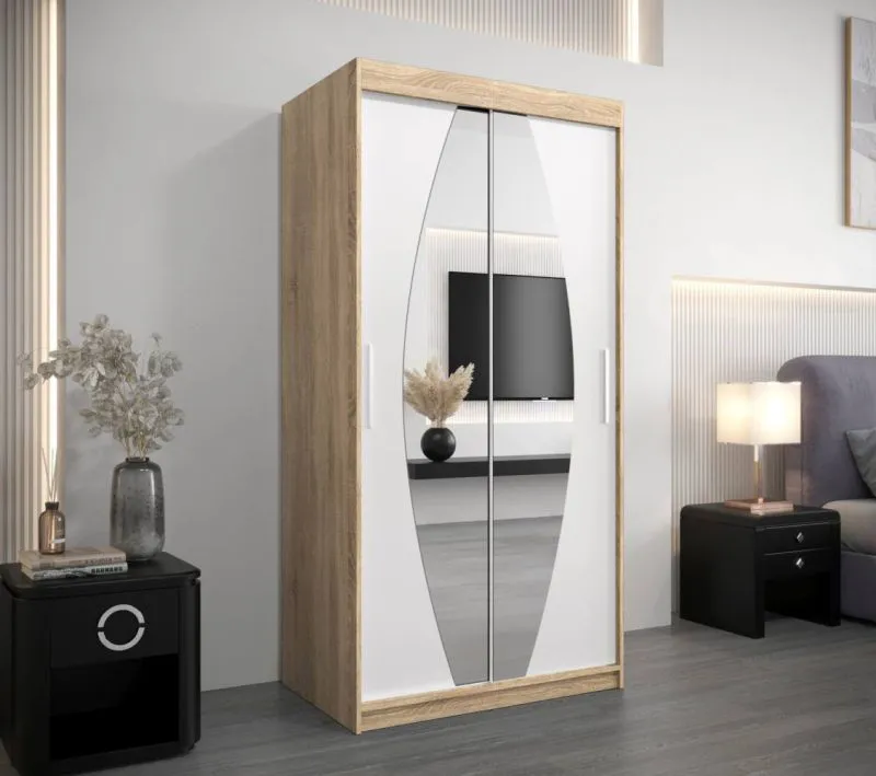 100 cm breiter Kleiderschrank mit 5 Fächern und 2 Türen | Farbe: Sonoma Eiche / Weiß Abbildung