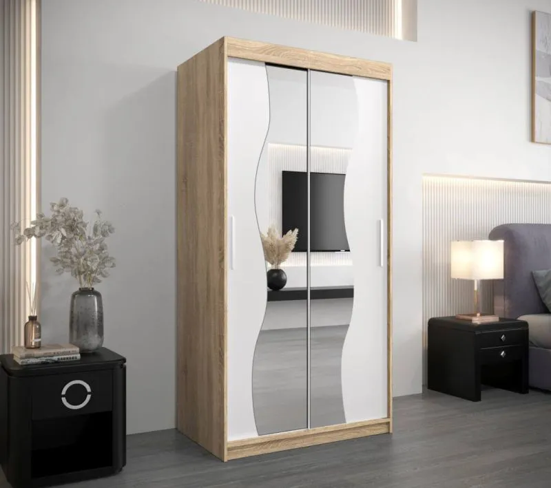 100 cm breiter Kleiderschrank mit 5 Fächern und 2 Türen | Farbe: Sonoma Eiche / Weiß Abbildung
