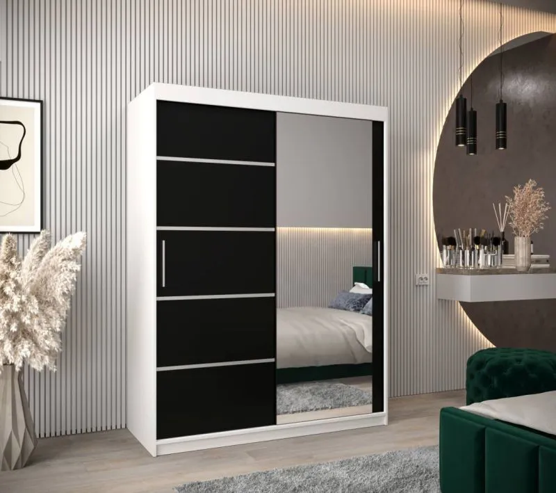 120 cm breiter Kleiderschrank mit 5 Fächern und 2 Türen | Farbe: Weiß / Schwarz Abbildung