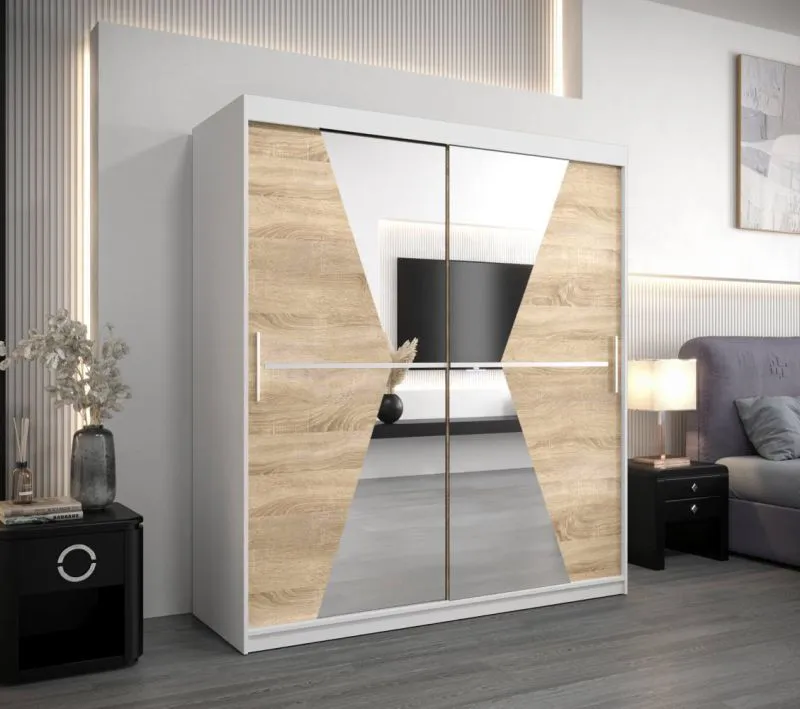 180 cm breiter Kleiderschrank mit 5 Fächern und 2 Türen | Farbe: Sonoma Eiche / Weiß Abbildung