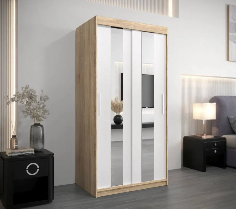 100 cm breiter Kleiderschrank mit 2 Türen | 5 Fächer | Farbe: Sonoma Eiche / Weiß Abbildung