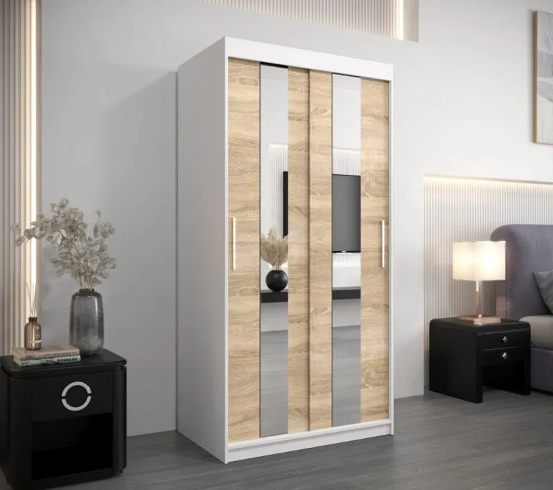 100 cm breiter Kleiderschrank mit 2 Türen | 5 Fächer | Farbe: Sonoma Eiche / Weiß Abbildung