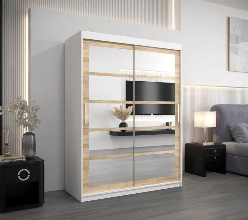 150 cm breiter Kleiderschrank mit 5 Fächern und 2 Türen | Farbe: Sonoma Eiche / Weiß Abbildung
