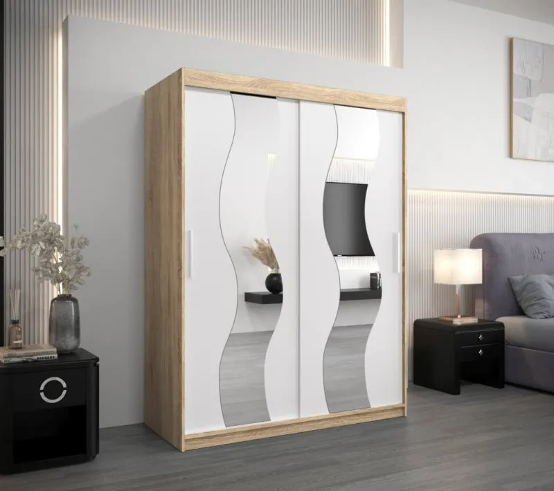 150 cm breiter Kleiderschrank mit 5 Fächern und 2 Türen | Farbe: Sonoma Eiche / Weiß Abbildung
