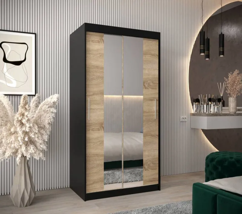100 cm breiter Kleiderschrank mit 5 Fächern und 2 Türen | Farbe: Schwarz Abbildung