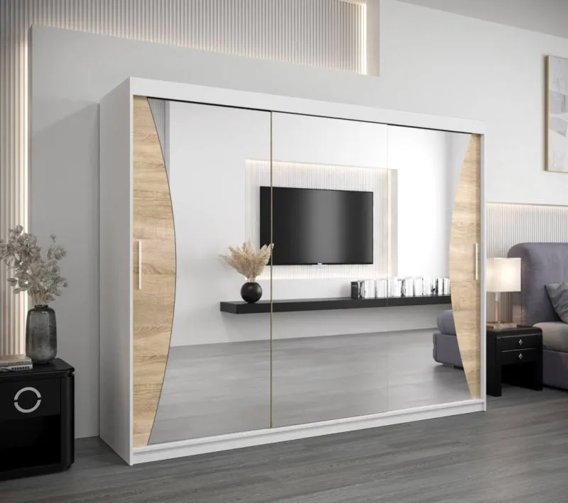 Großer 250 cm breiter Kleiderschrank mit 3 Türen | 10 Fächer | Farbe: Sonoma Eiche / Weiß Abbildung