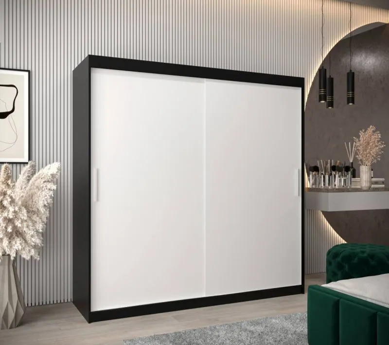 2 Meter breiter Kleiderschrank mit 2 Türen | Farbe: Weiß / Schwarz Abbildung