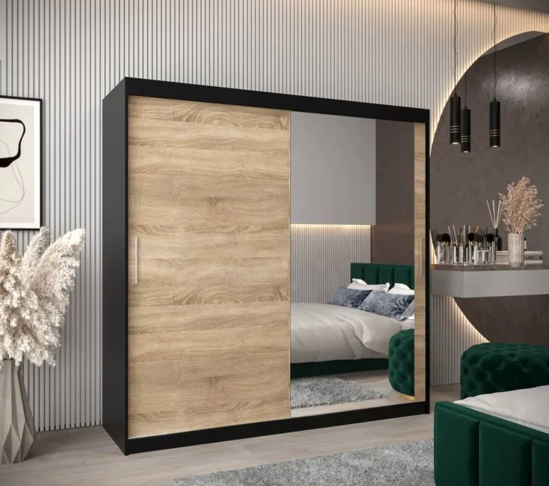 2 Meter breiter Kleiderschrank mit 2 Türen | Farbe: Schwarz Abbildung