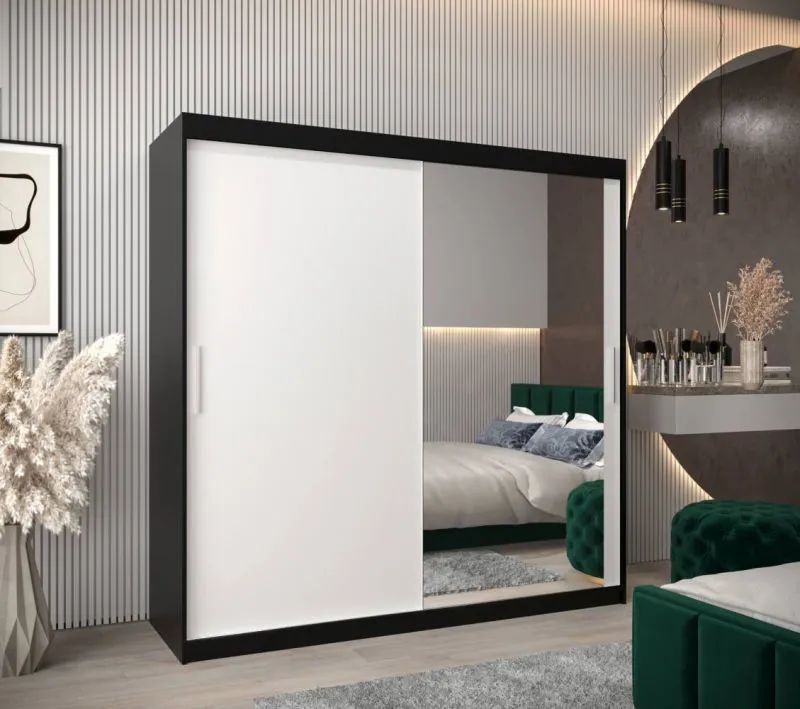 2 Meter breiter Kleiderschrank mit 2 Türen | Farbe: Weiß / Schwarz Abbildung