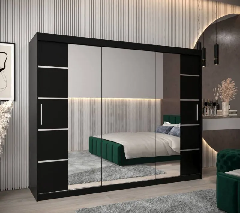Großer 250 cm breiter Kleiderschrank mit 3 Türen | 10 Fächer | Farbe: Schwarz Abbildung