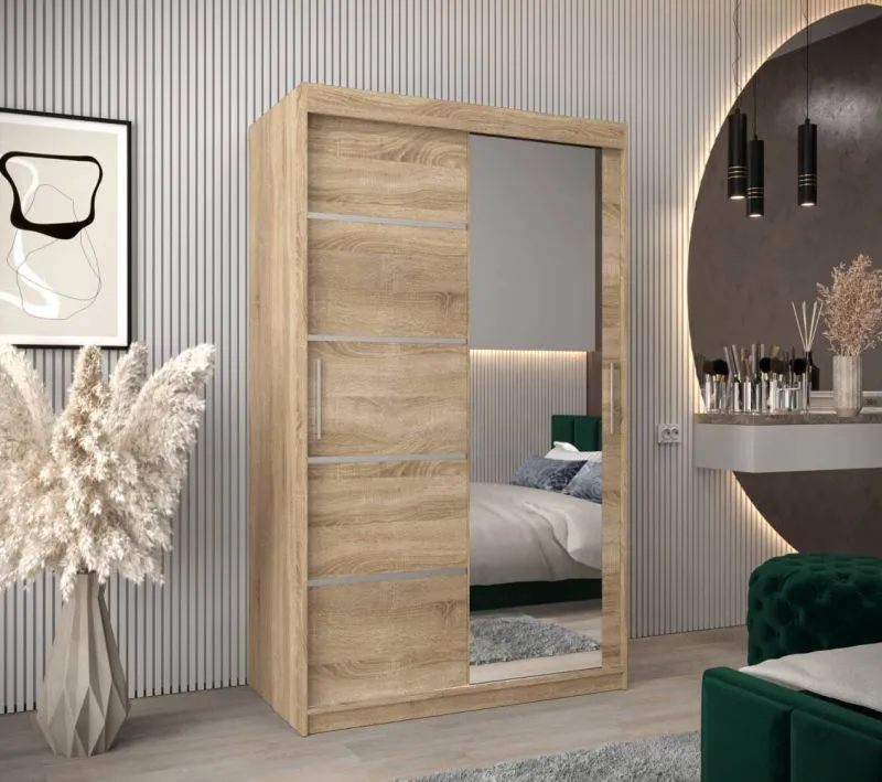 120 cm breiter Schiebetürenschrank mit 2 Türen | 5 Fächer | 2 Kleiderstangen | Farbe: Sonoma Eiche Abbildung