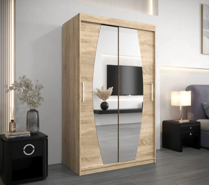 120 cm breiter Schiebetürenschrank mit 2 Türen | 5 Fächer | 2 Kleiderstangen | Farbe: Sonoma Eiche Abbildung