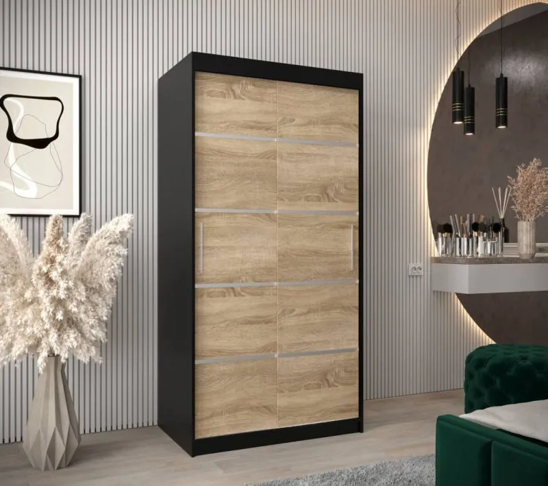 1 Meter breiter Kleiderschrank mit 2 Türen | Farbe: Schwarz Abbildung