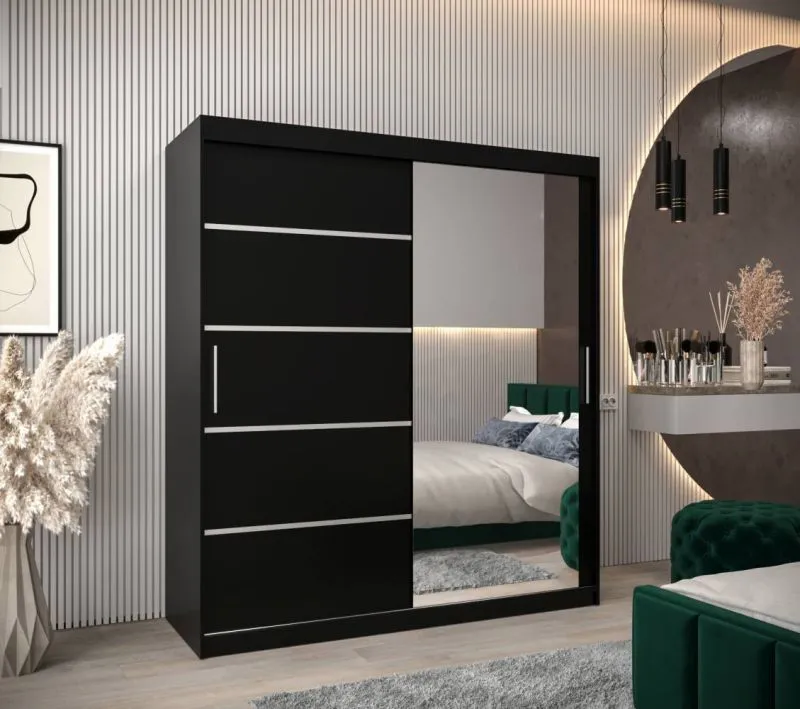180 cm breiter Schiebetürenschrank mit 2 Türen | 10 Fächer | 2 Kleiderstangen | Farbe: Schwarz Abbildung