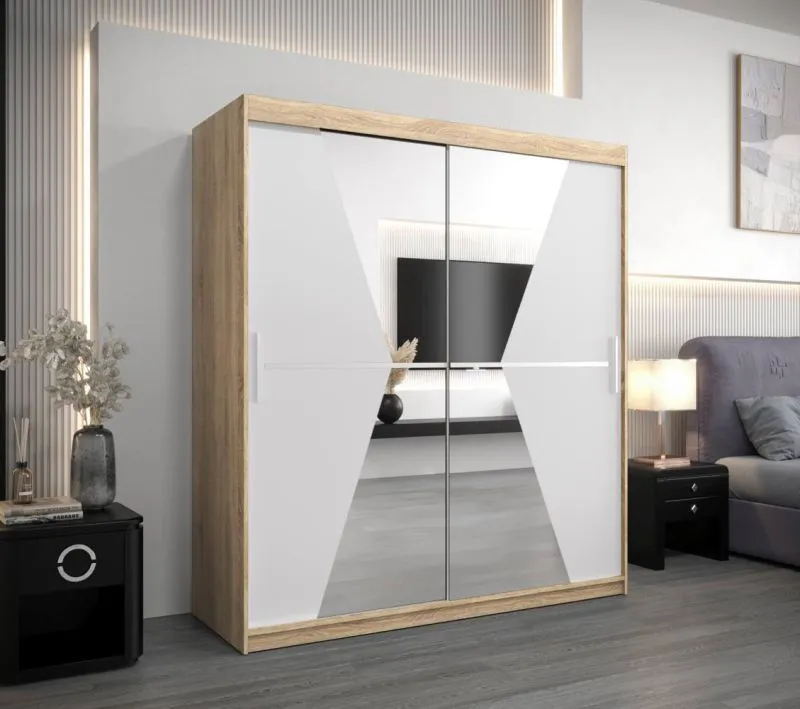 180 cm breiter Schiebetürenschrank mit 2 Türen | 5 Fächer | 2 Kleiderstangen | Farbe: Sonoma Eiche / Weiß Abbildung