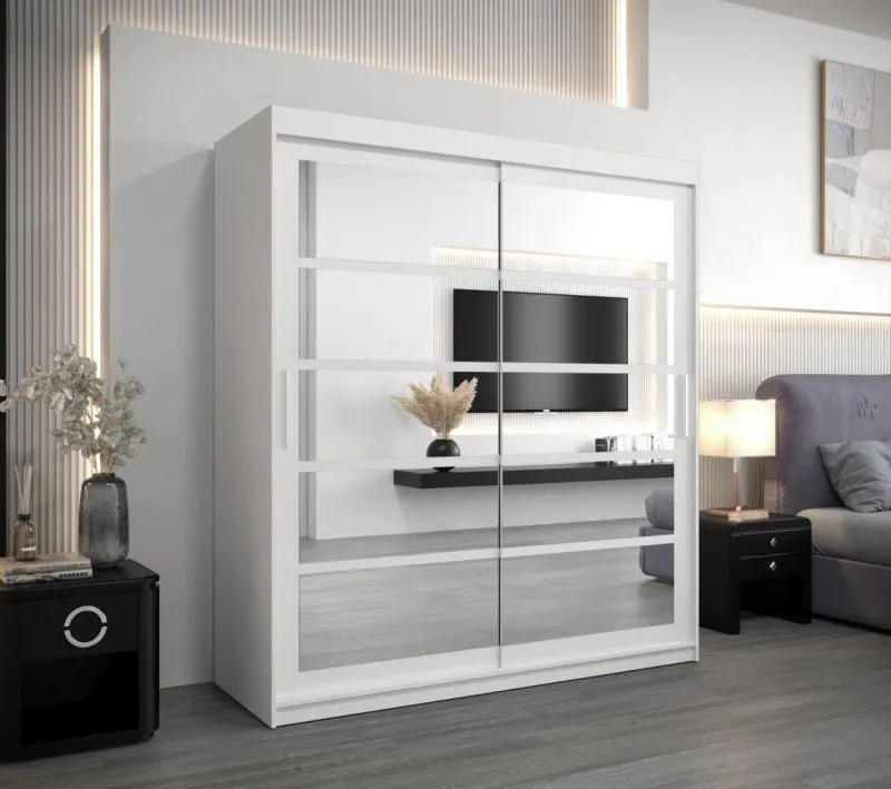 180 cm breiter Schiebetürenschrank mit 2 Türen | 10 Fächer | 2 Kleiderstangen | Farbe: Weiß Abbildung