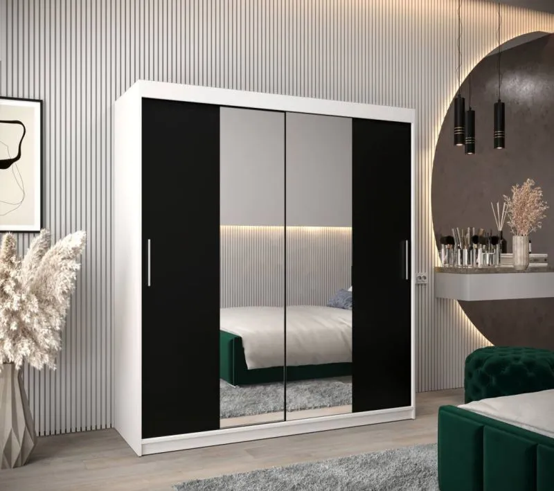 180 cm breiter Schiebetürenschrank mit 2 Türen | 10 Fächer | 2 Kleiderstangen | Farbe: Weiß / Schwarz Abbildung