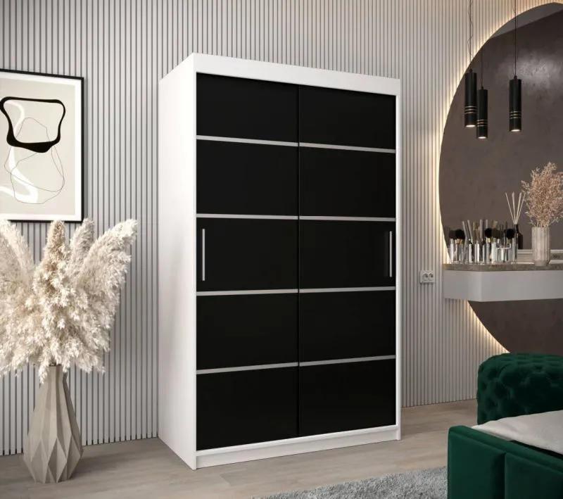 120 cm breiter Schiebetürenschrank mit 2 Türen | 5 Fächer | 2 Kleiderstangen | Farbe: Weiß / Schwarz Abbildung