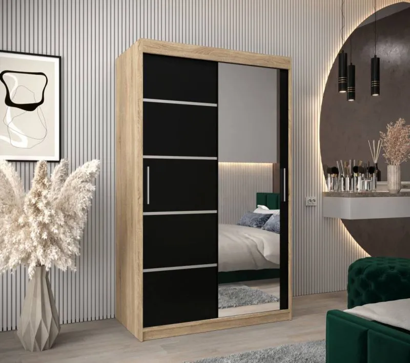 120 cm breiter Schiebetürenschrank mit 2 Türen | 5 Fächer | 2 Kleiderstangen | Farbe: Sonoma Eiche Abbildung