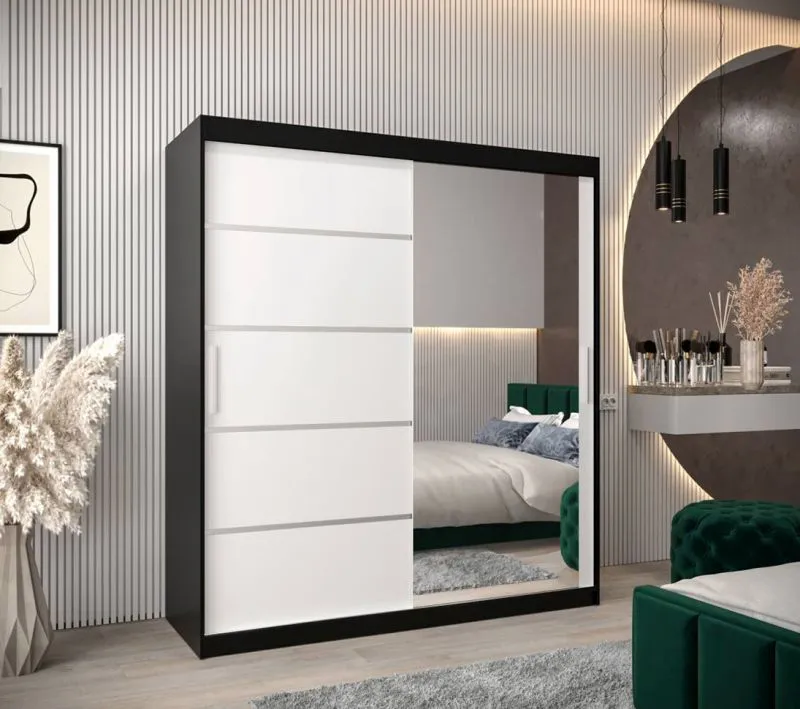 180 cm breiter Schiebetürenschrank mit 2 Türen | 10 Fächer | 2 Kleiderstangen | Farbe: Weiß / Schwarz Abbildung