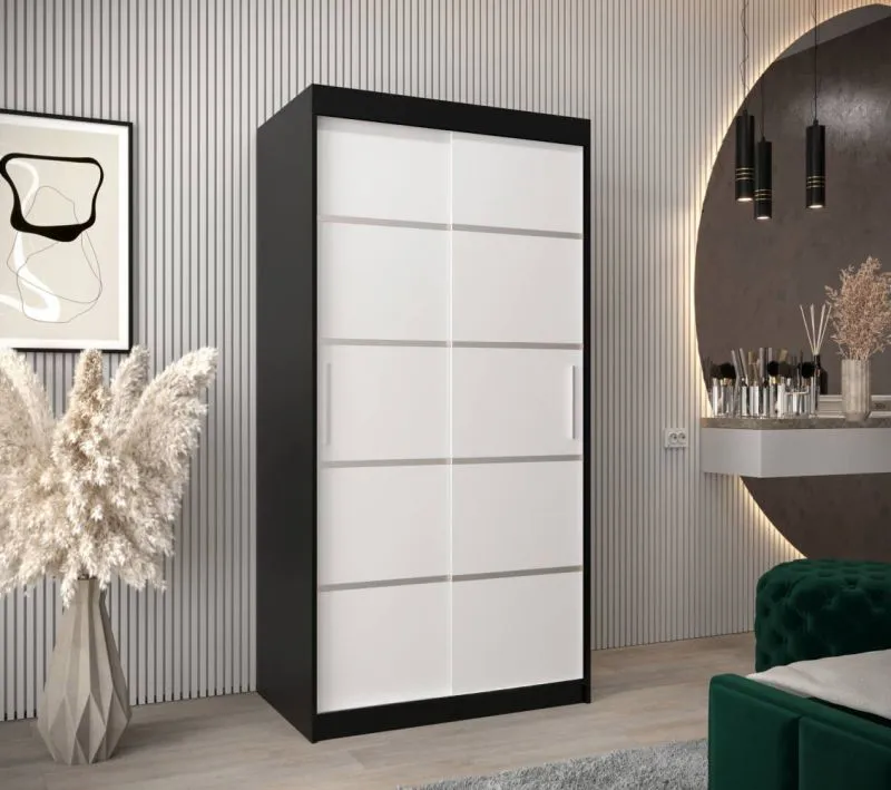 100 cm breiter Schiebetürenschrank mit 2 Türen | 5 Fächer | 2 Kleiderstangen | Farbe: Weiß / Schwarz Abbildung