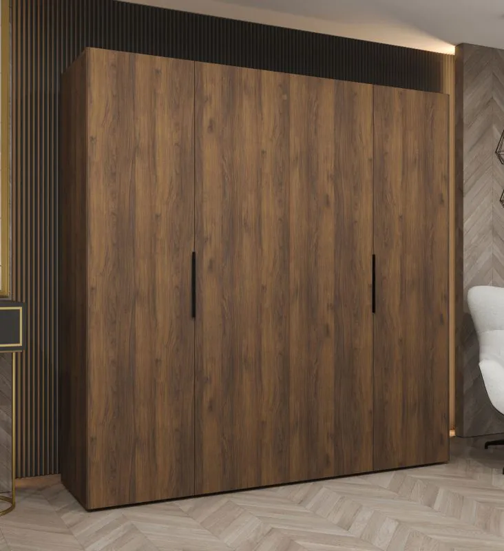 Kleiderschrank mit zwei Kleiderstangen | Farbe: Walnuss | 2 Meter breit | zwei Fächer | Soft-Close | vier Türen | Griffe: Schwarz | Drehtürenschrank