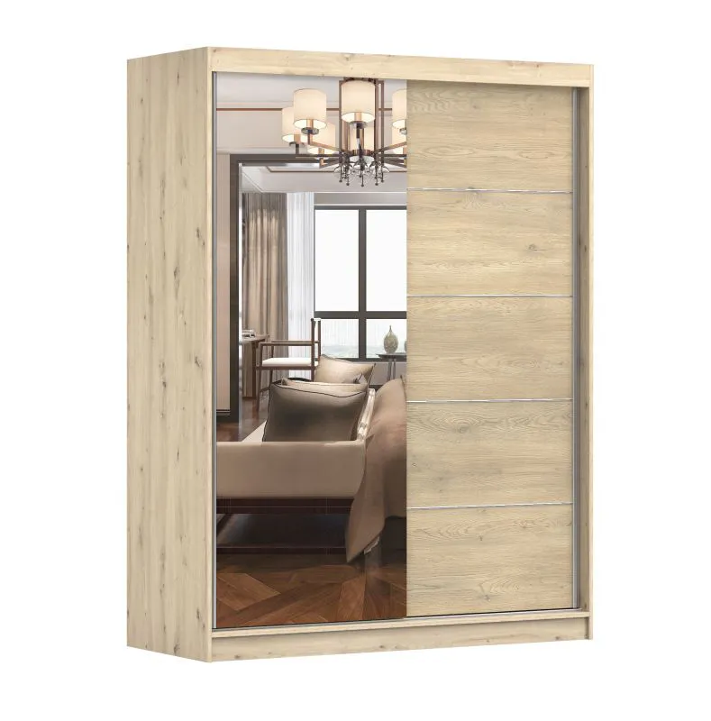 Schiebetürenschrank / Kleiderschrank mit Spiegel | 200 x 150 x 61 cm | Braun / Artisan | Bucegi 17 | 2 Türen | 6 Fächer | Griffe: Aluminium