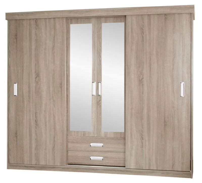 230 cm breiter Kleiderschrank mit 4 Türen, 5 Fächern und 2 Schubladen | Farbe: Sonoma Eiche | Tiefe: 62 cm Abbildung